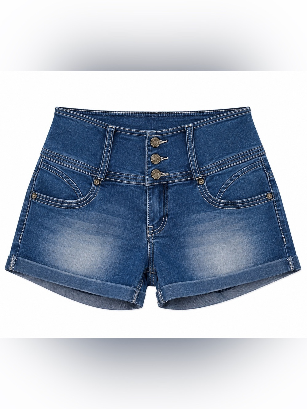 RUE 21 BLUE DENIM HIGH WAISTED SHORTS WITH 3 BUTTON DETAIL